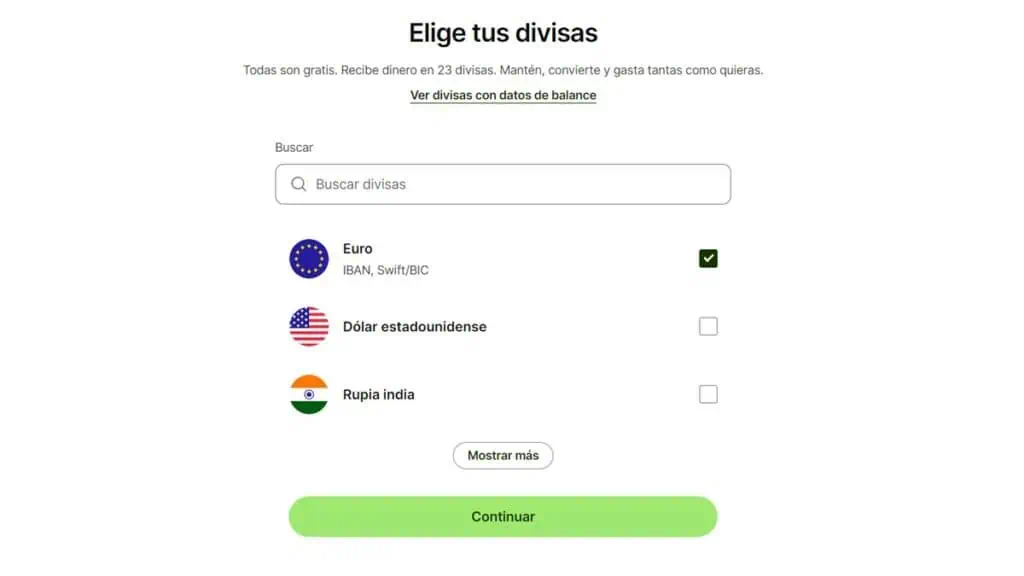 crear cuenta de wise elegir divisas