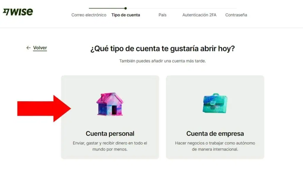 crear cuenta en wise elegir tipo de cuenta