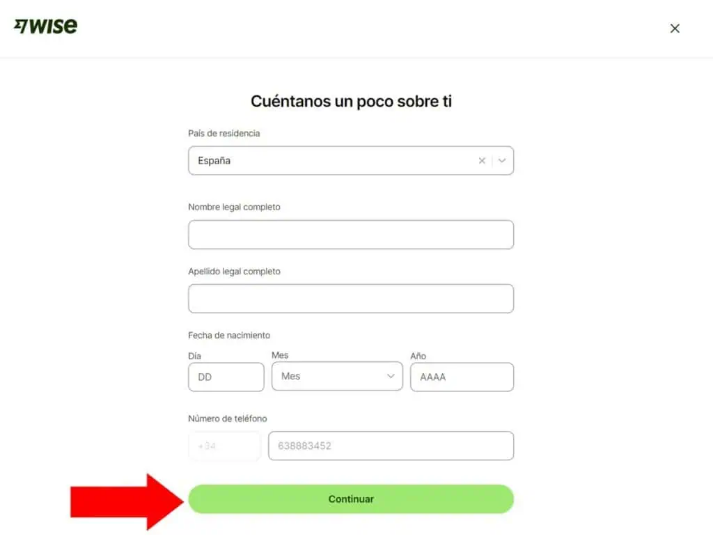 crear cuenta en wise llenar informacion personal