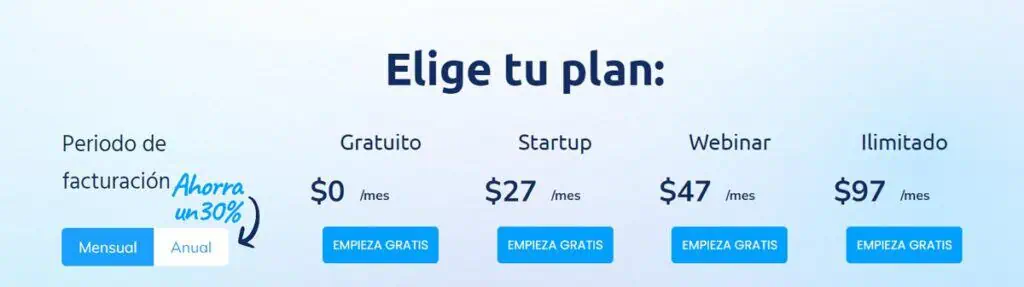 Listado de planes de precios systeme.io