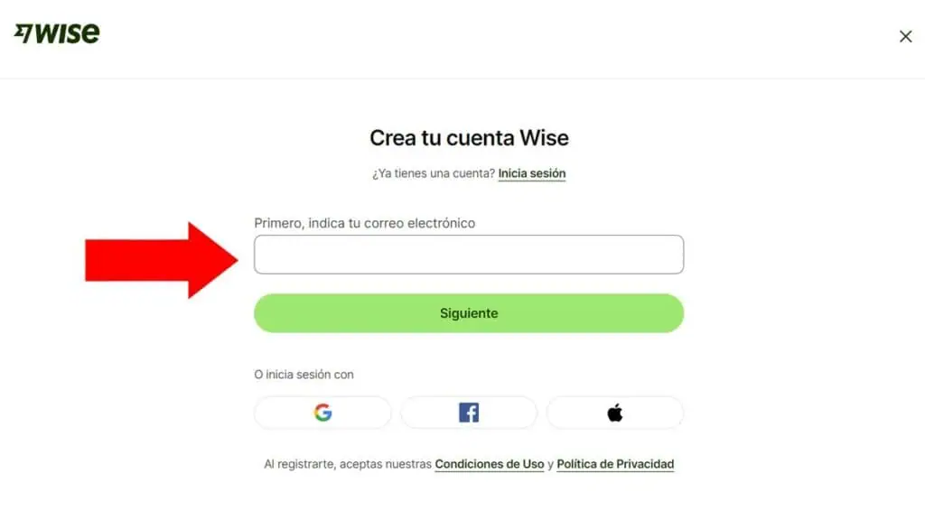 registro en wise introducir correo electronico