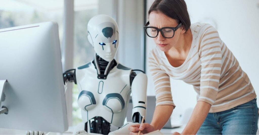 Representación de un robot realizando tareas en una oficina moderna.