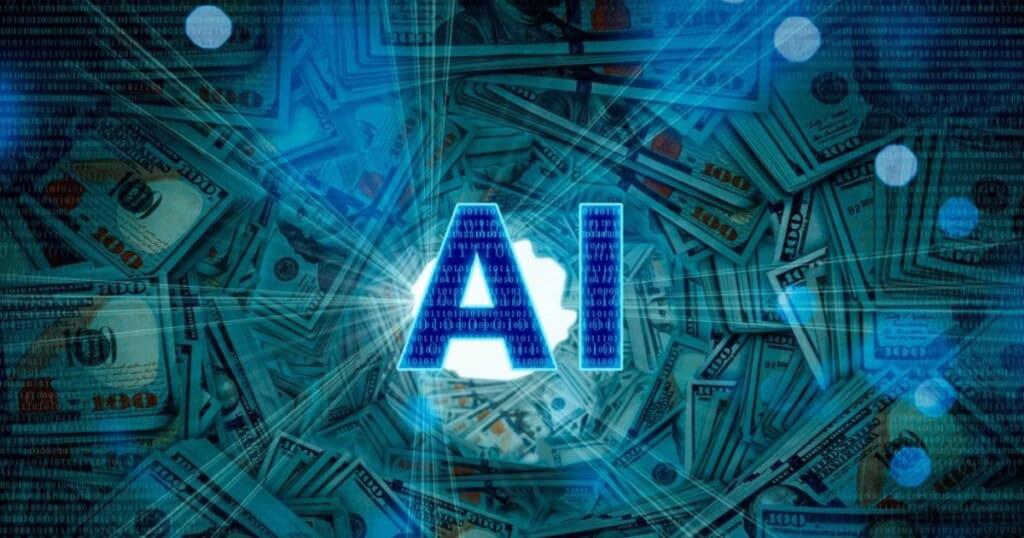 Representación digital de IA con billetes de dólares en el fondo, simbolizando monetización.
