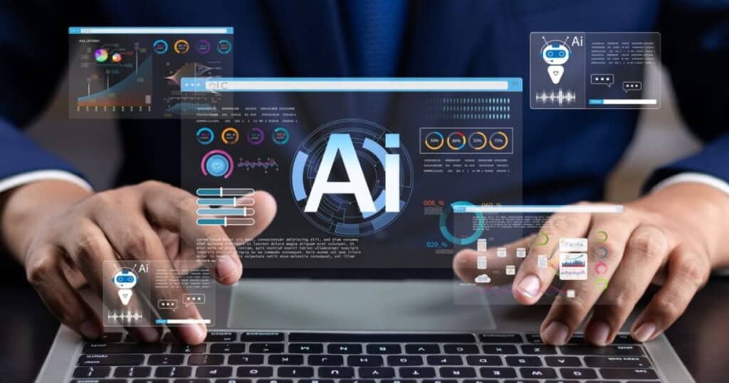 Hombre utilizando un ordenador con gráficos y datos sobre inteligencia artificial y algoritmos.