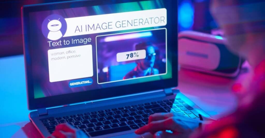 Hombre sosteniendo un holograma con el texto "AI" y múltiples iconos digitales.
