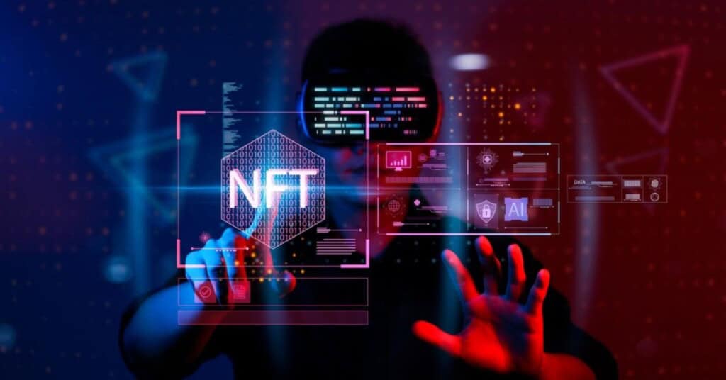 Persona con gafas de realidad virtual interactuando con una interfaz de NFT.
