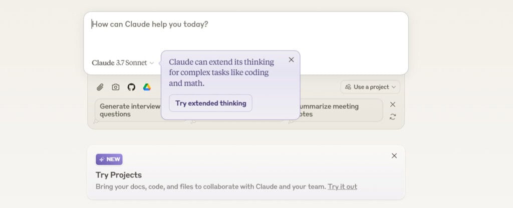 Pantalla de Claude 3.7 Sonnet mostrando opciones avanzadas como "Try extended thinking"