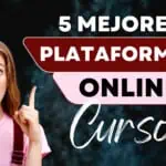 Mujer joven con gesto de sorpresa señalando el texto '5 Mejores Plataformas Online Cursos' sobre un fondo oscuro