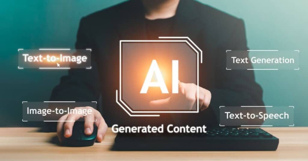 Usuario escribiendo en un portátil con herramientas de IA en pantalla, representando el proceso de generación de contenido con Jasper AI.